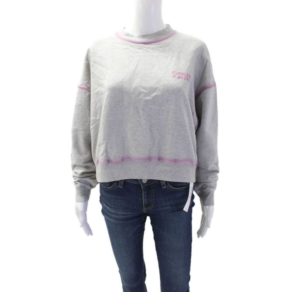Designer Women Pullover Sweatshirt Gray 100% Cotton Crew Neck LS Size S
